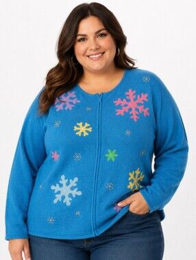 Vtg Quacker Factory Blue Zip-Front Sweater Multicolor Embellised Snowflakes 3X